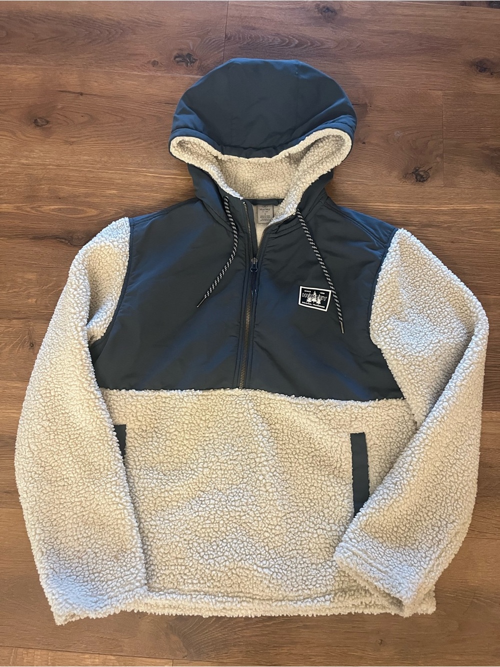 Hurley Cream Sherpa Pullover with Dark Gray Nylon Hood